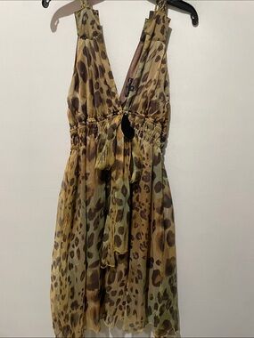 Vintage Traffic People Olive and Brown Leopard-Print V-Neck Mini Dress